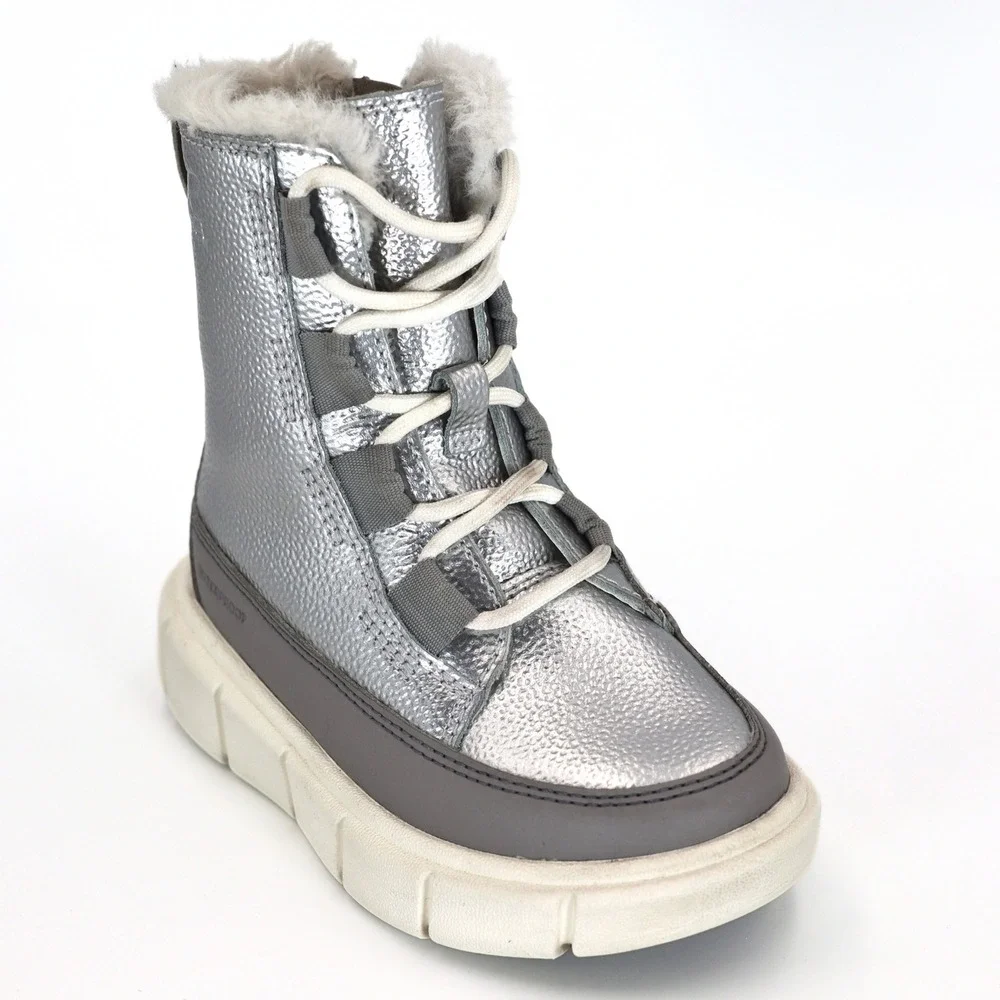 Sorel Explorer II Joan Kids 8 Silver Metallic Waterproof Faux Fur Winter Boots